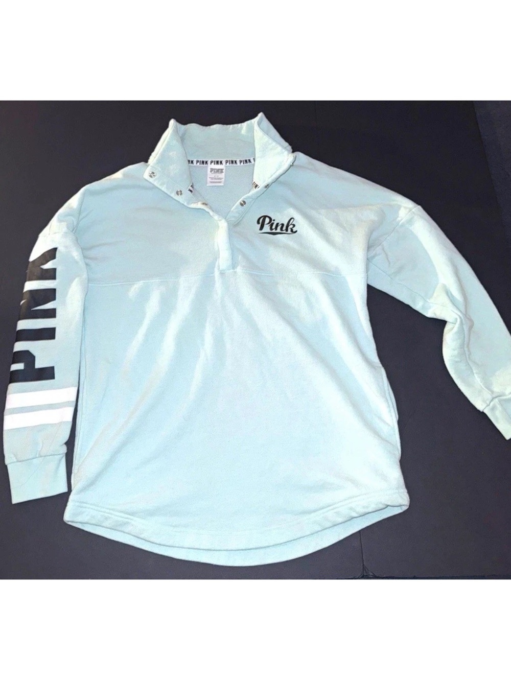 PINK Light Blue Logo Half Snap Collared Fleece Pullover Sweatshirt Women S